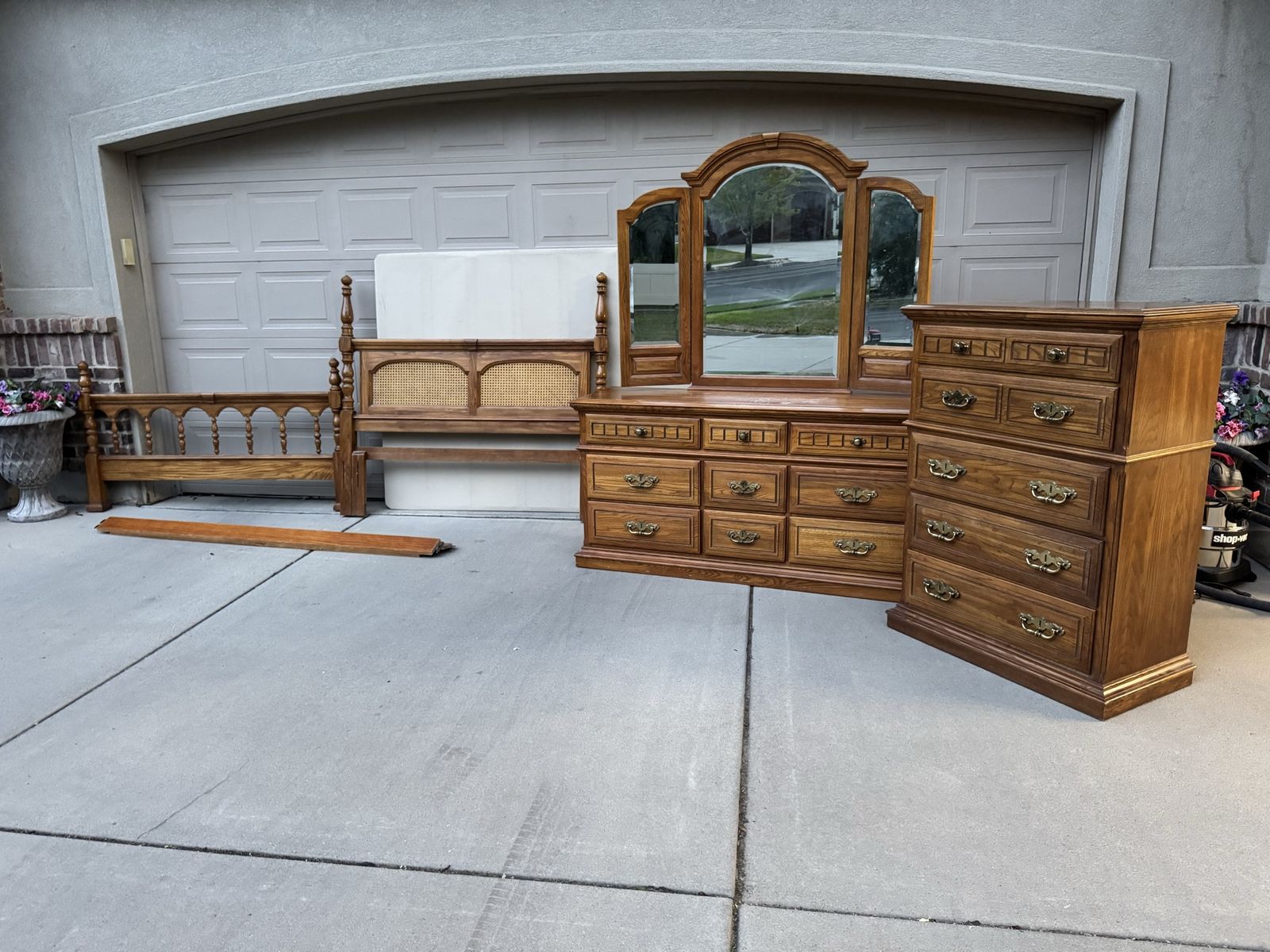 Vintage Oak Bedroom Set with Cane Headboard, Dresser, and Tall Dresser