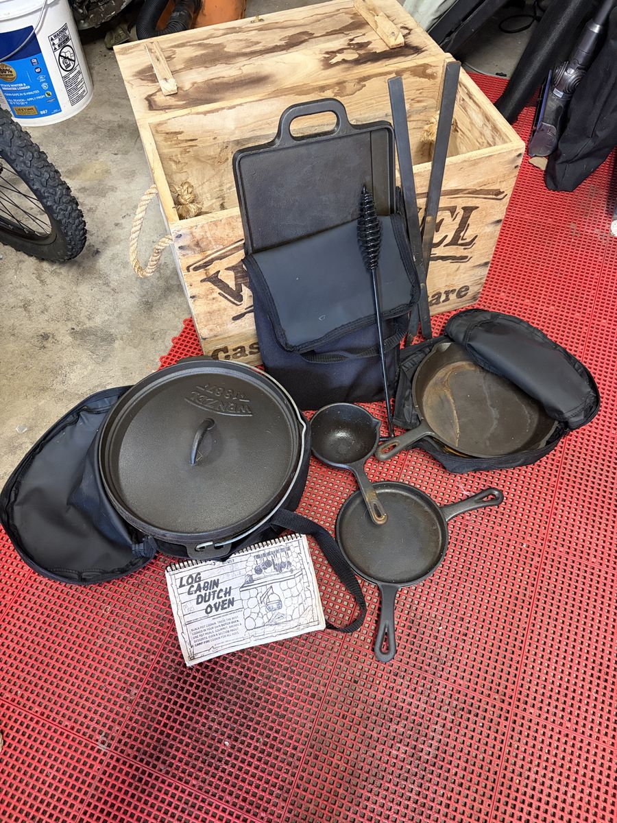 Wenzel 1887 Cast Iron Cookware Set - Dutch Oven, Skillets, Griddle & Sturdy Wood Storage/Travel Box