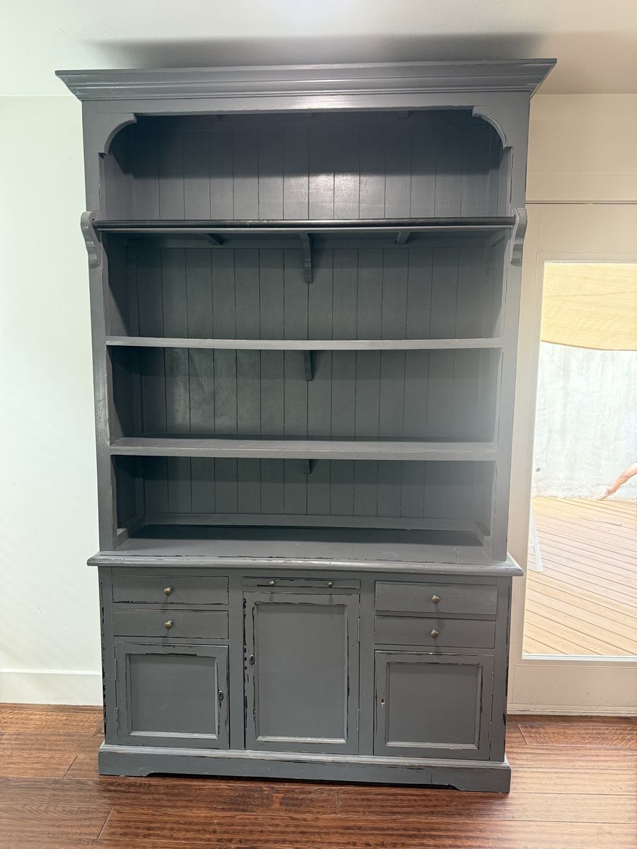 Gray Wooden Hutch Cabinet with Shelves and Drawers