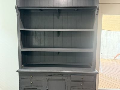 Gray Wooden Hutch Cabinet with Shelves and Drawers