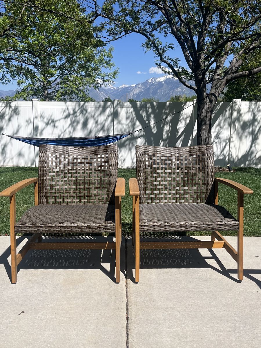 Teak Wood and Wicker Outdoor Lounge Chairs (set of 2)