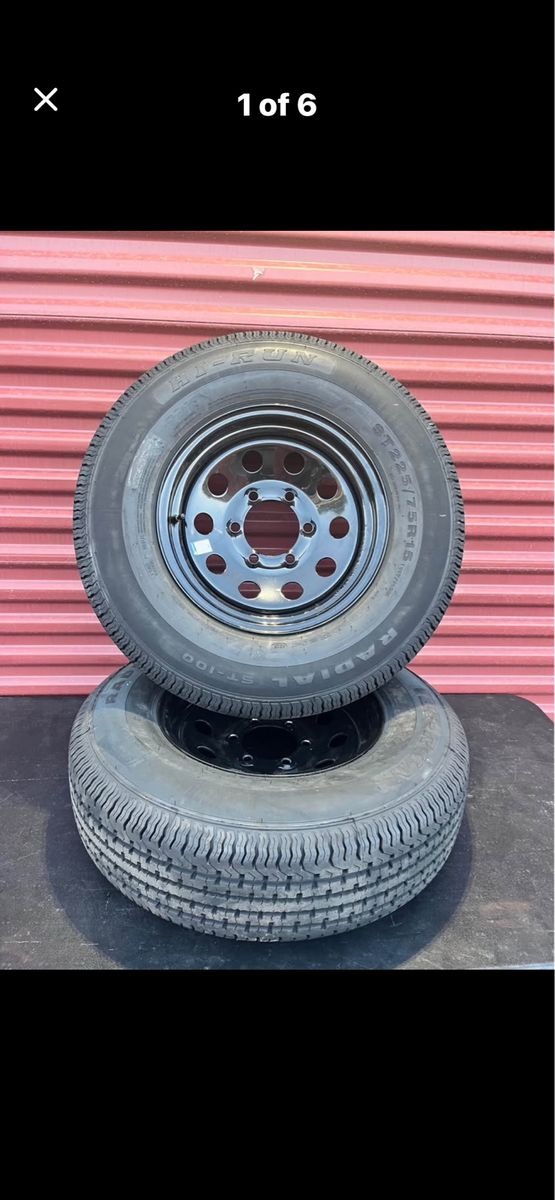 Set of 2 Free Country ST 205/75 R 15 Trailer Tires Mounted on New Black Mod Wheels 10 Ply E Load 5 on 4.5 Brand New