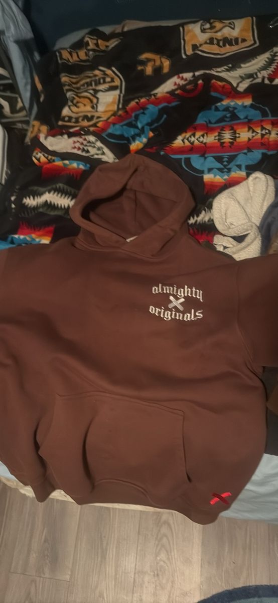 Almighty X Originals Brown Pullover Hoodie with Embroidered Logo, Kangaroo Pocket - Men's XL