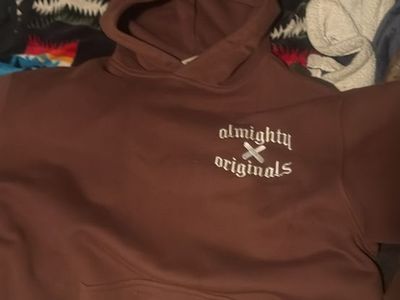 Almighty X Originals Brown Pullover Hoodie with Embroidered Logo, Kangaroo Pocket - Men's XL