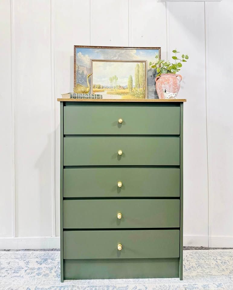 Vintage Modern Inspired Dark Green 5 Drawer Dresser | Modern Inspired 5 Drawer Chest | Dresser
