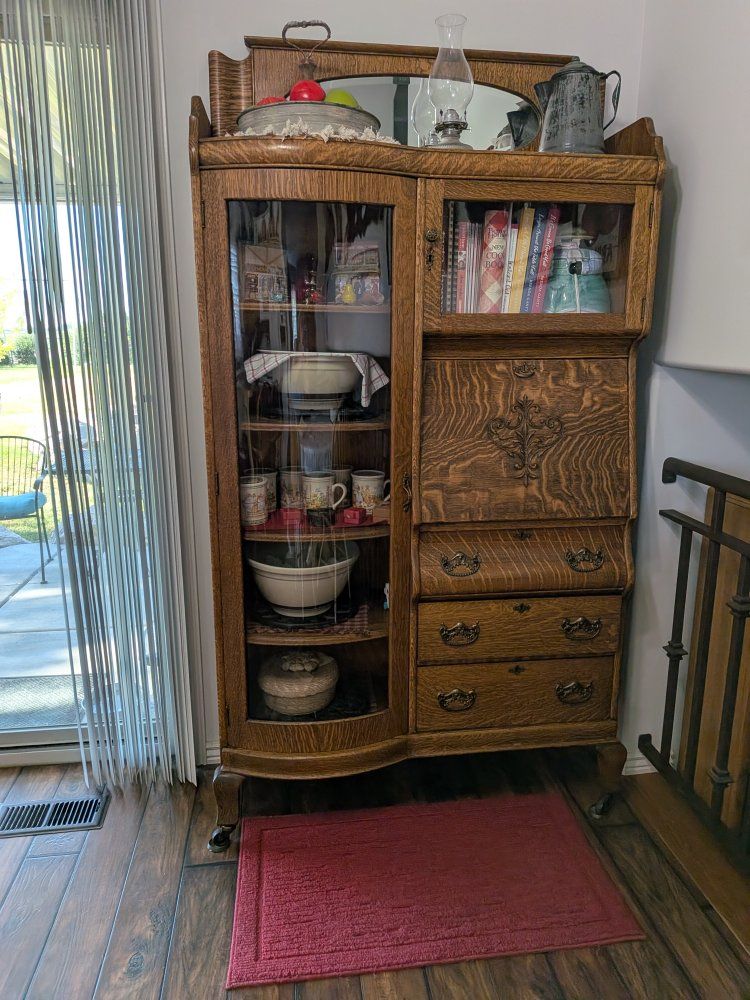 Antique Tiger Oak Curved Glass China Cabinet Secretary Desk