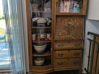 Antique Tiger Oak Curved Glass China Cabinet Secretary Desk