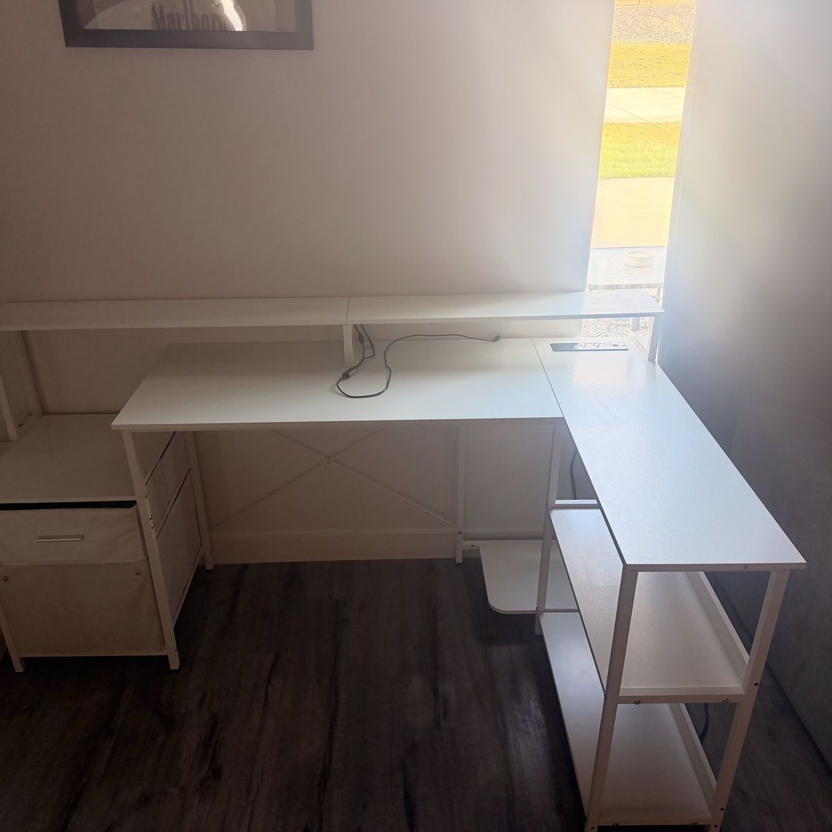White L-Shaped Corner Desk with Storage Shelves and Drawers, Home Office Furniture