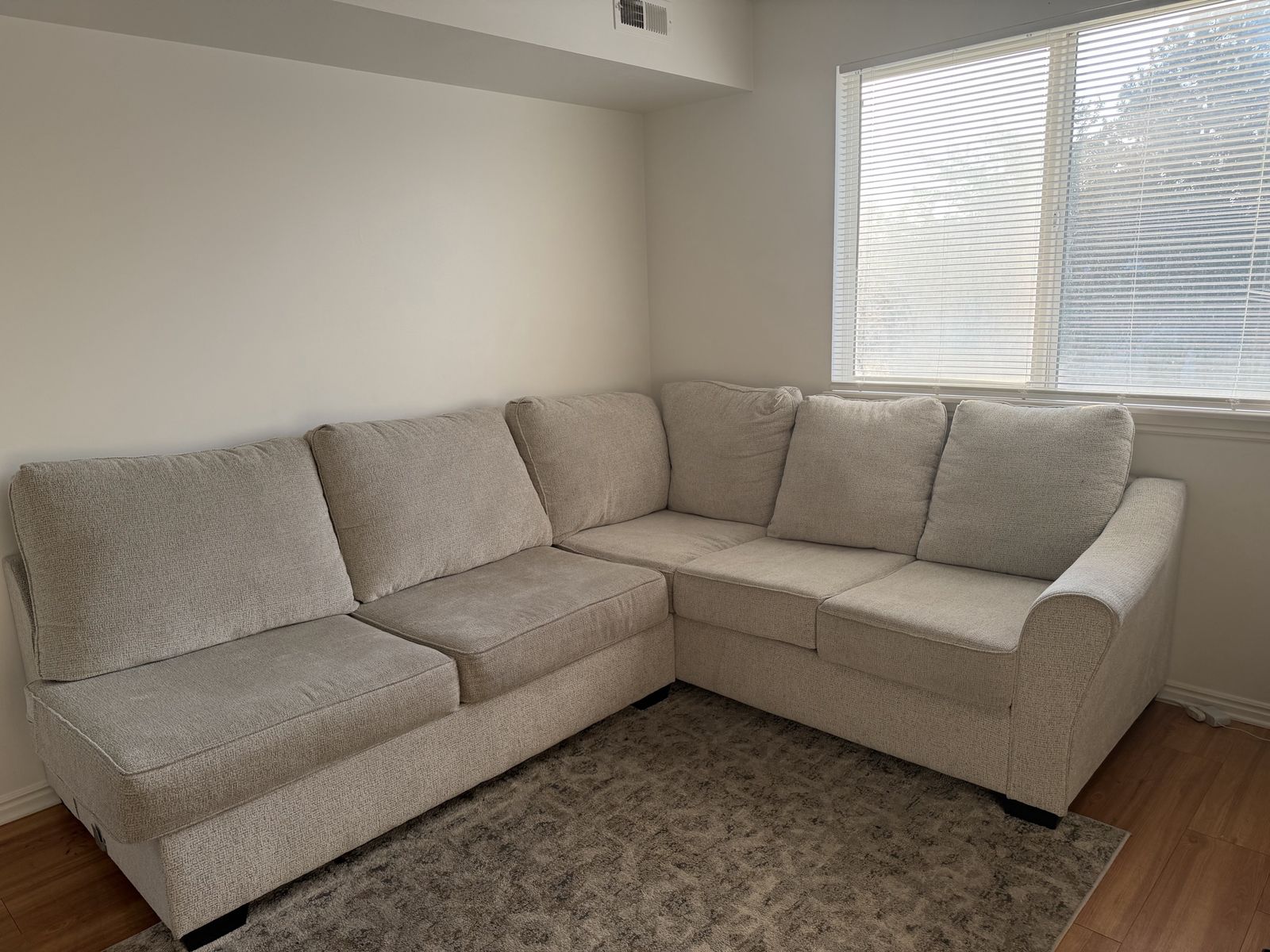 L-Shaped Fabric Sectional Couch & Matching Chaise Lounge - Beige / Beige Textured Upholstery