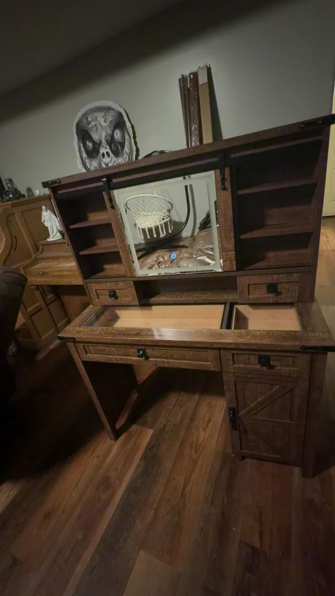 Rustic Wood Vanity Desk with Sliding Mirror and Barn Door Cabinet
