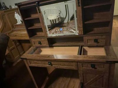 Rustic Wood Vanity Desk with Sliding Mirror and Barn Door Cabinet
