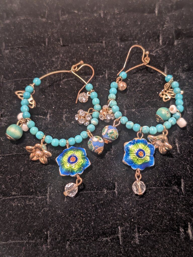 Turquoise Beaded Hoop Earrings w/ Enamel Flower Ch