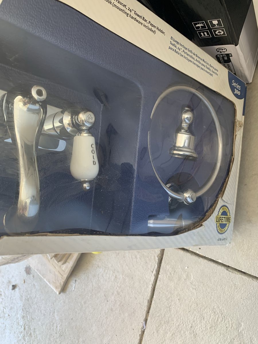 Glacier Bay Series 300 Bathroom Faucet & Accessory Set - Chrome/Ceramic Handles, New Open Box