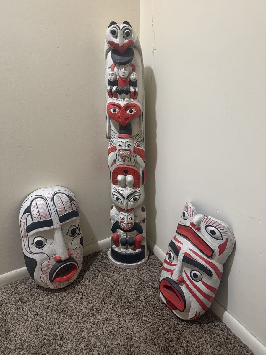 Hand-Carved Wooden Totem Pole and Two Masks Set
