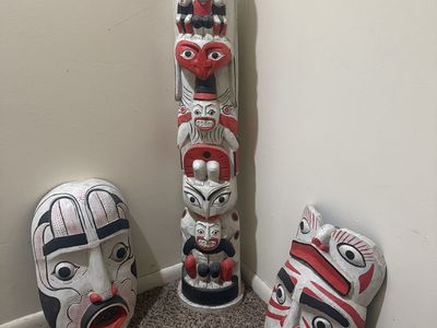 Hand-Carved Wooden Totem Pole and Two Masks Set