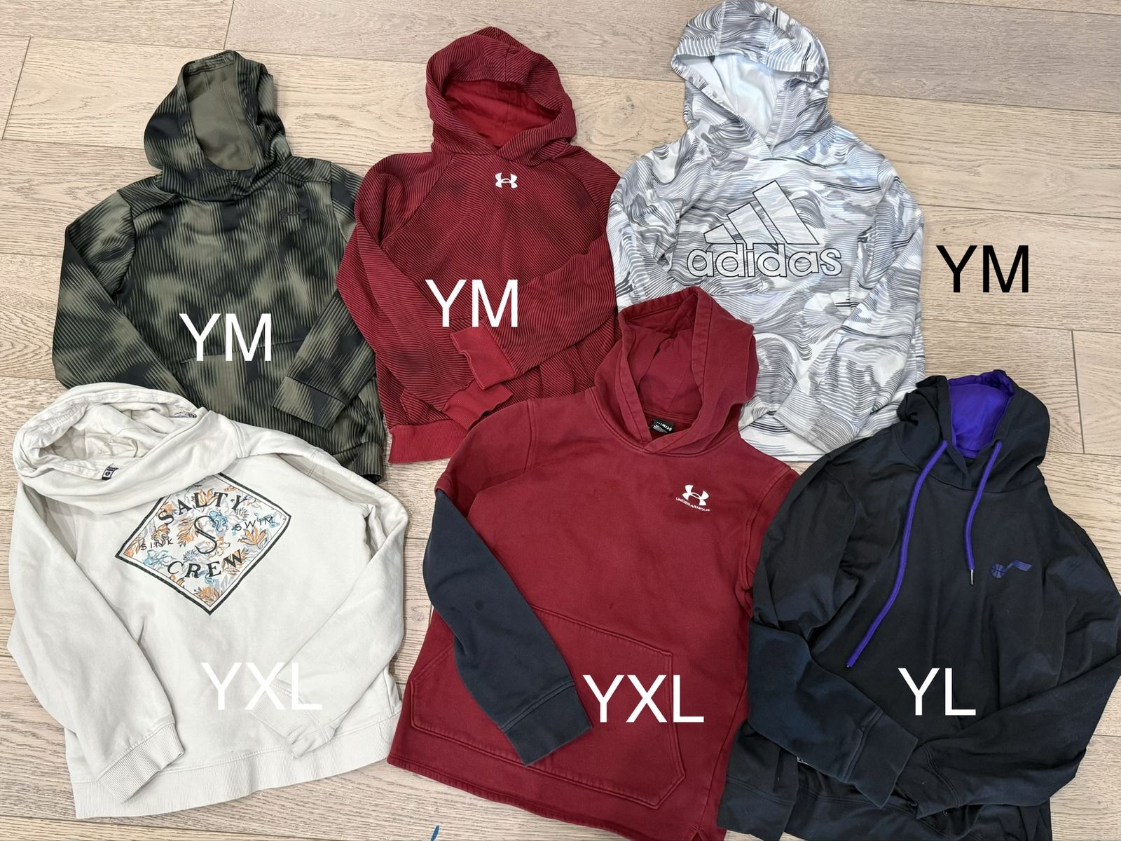Lot of 6 Youth Hoodies: Under Armour, Adidas & Salty Crew - Green UA M, Red UA M, Adidas M, Salty Crew XL, Red/Black UA, Jazz L