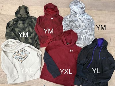 Lot of 6 Youth Hoodies: Under Armour, Adidas & Salty Crew - Green UA M, Red UA M, Adidas M, Salty Crew XL, Red/Black UA, Jazz L