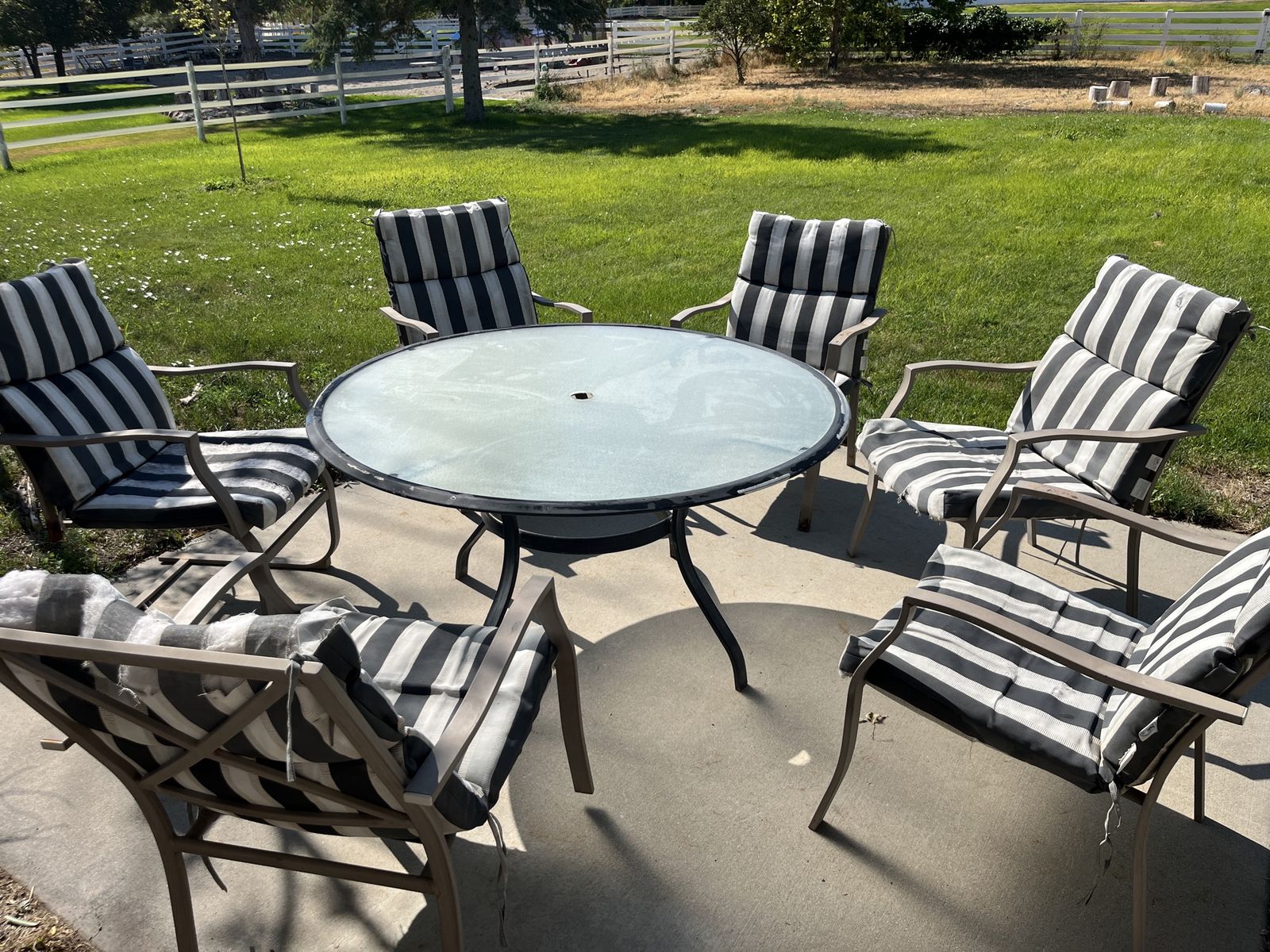 Glass Top Patio Table with 6 Chairs and Striped Cushions - Outdoor Dining Set