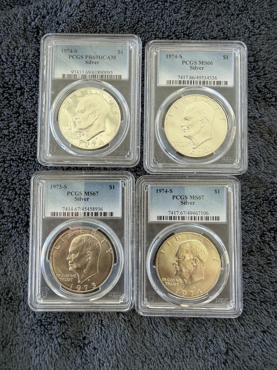 1973-S & 1974-S Eisenhower $1 Silver PCGS PR69DCAM, MS66, MS67 Graded Coin Set