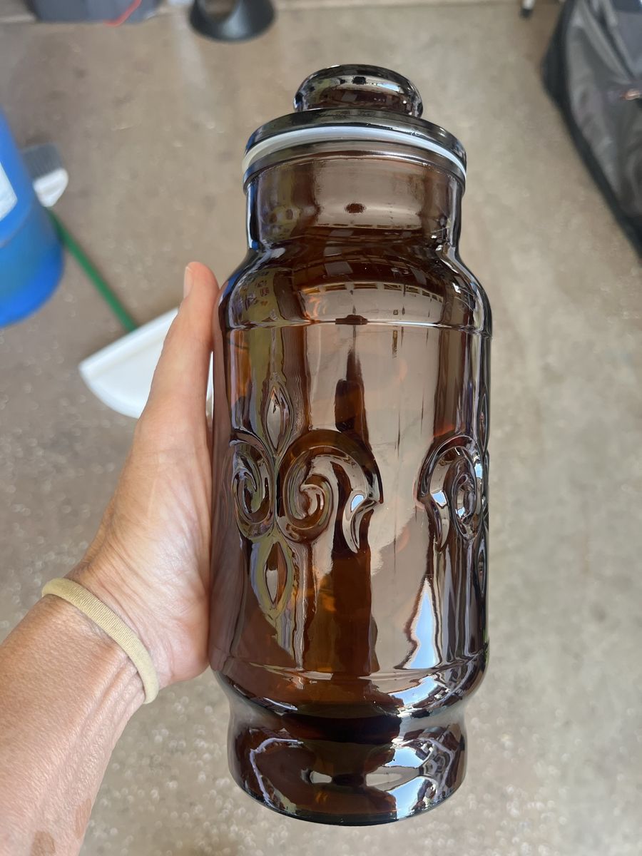 Vintage Amber Glass Apothecary Jar - Fleur-de-Lis Embossed, 9-9.5" Tall, Canister with Lid