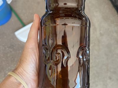 Vintage Amber Glass Apothecary Jar - Fleur-de-Lis Embossed, 9-9.5" Tall, Canister with Lid