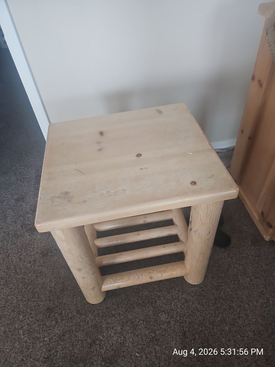 Rustic Wooden Log End Table with Lower Shelf