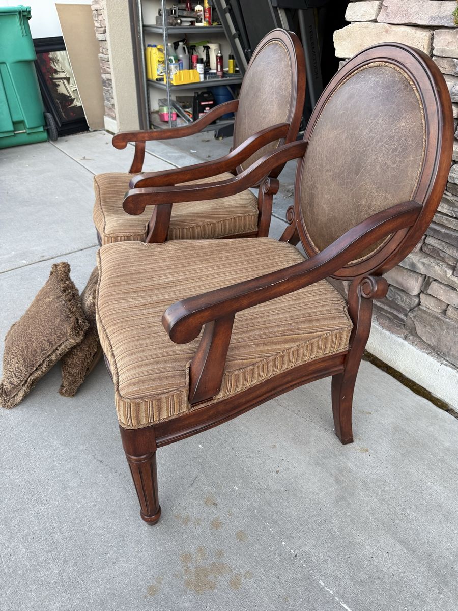 Pair of Classic Carved Wood Armchairs with Brown Upholstery