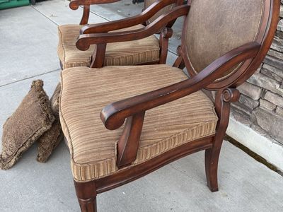 Pair of Classic Carved Wood Armchairs with Brown Upholstery