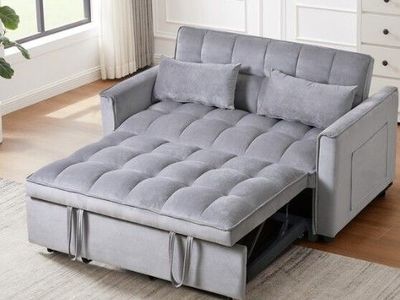 New - 3 in 1 Convertible Sleeper Sofa Bed, Velvet, Adjustable Backrest, Grey