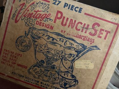 Anchor Hocking Vintage Punch Set - 25 Piece Glass Punch Bowl Set with Cups, Base, Hangers, and Ladle.