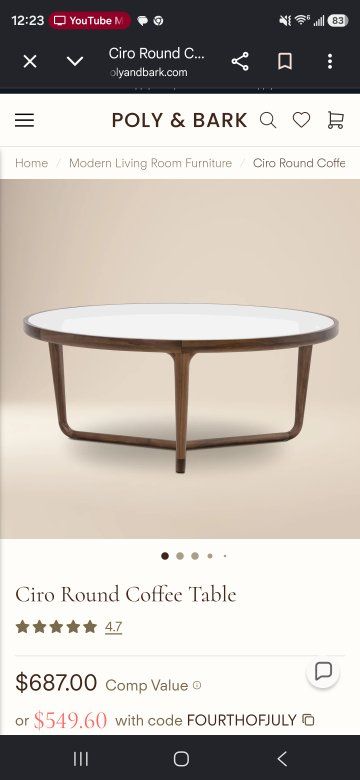 POLY & BARK Ciro Round Coffee Table - White Enamel Top, Walnut Wood Base, Mid-Century Modern