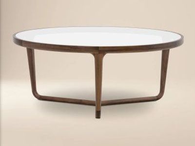 POLY & BARK Ciro Round Coffee Table - White Enamel Top, Walnut Wood Base, Mid-Century Modern
