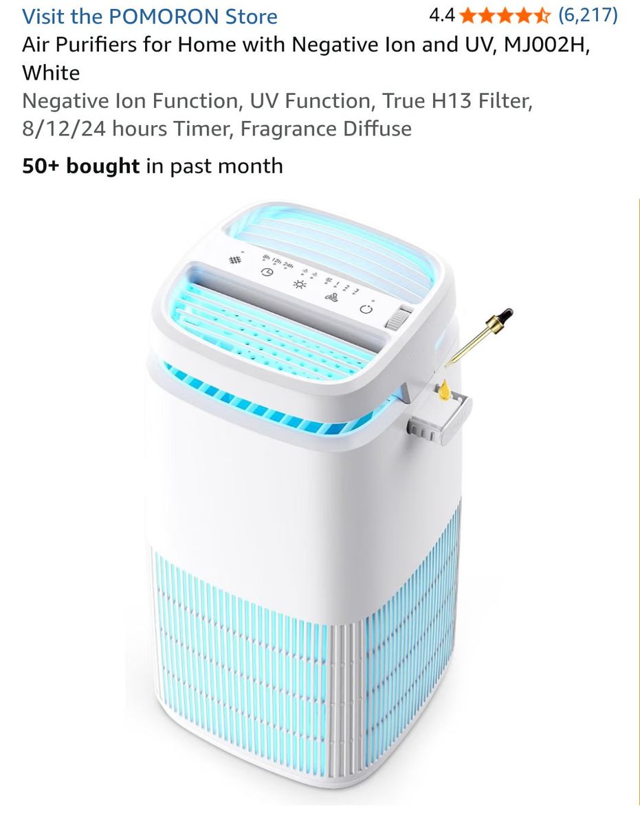 POMORON Air Purifier for Home with Negative Ion and UV, MJ002H, White