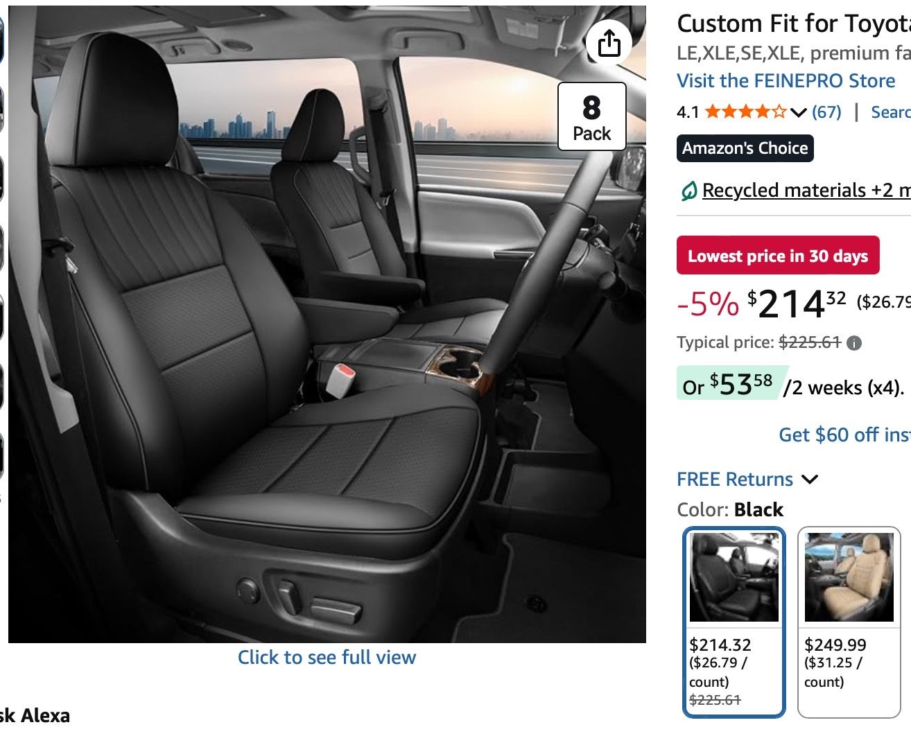 FEINEPRO Black Seat Covers for Toyota Sienna 2011-2020 8-Pack