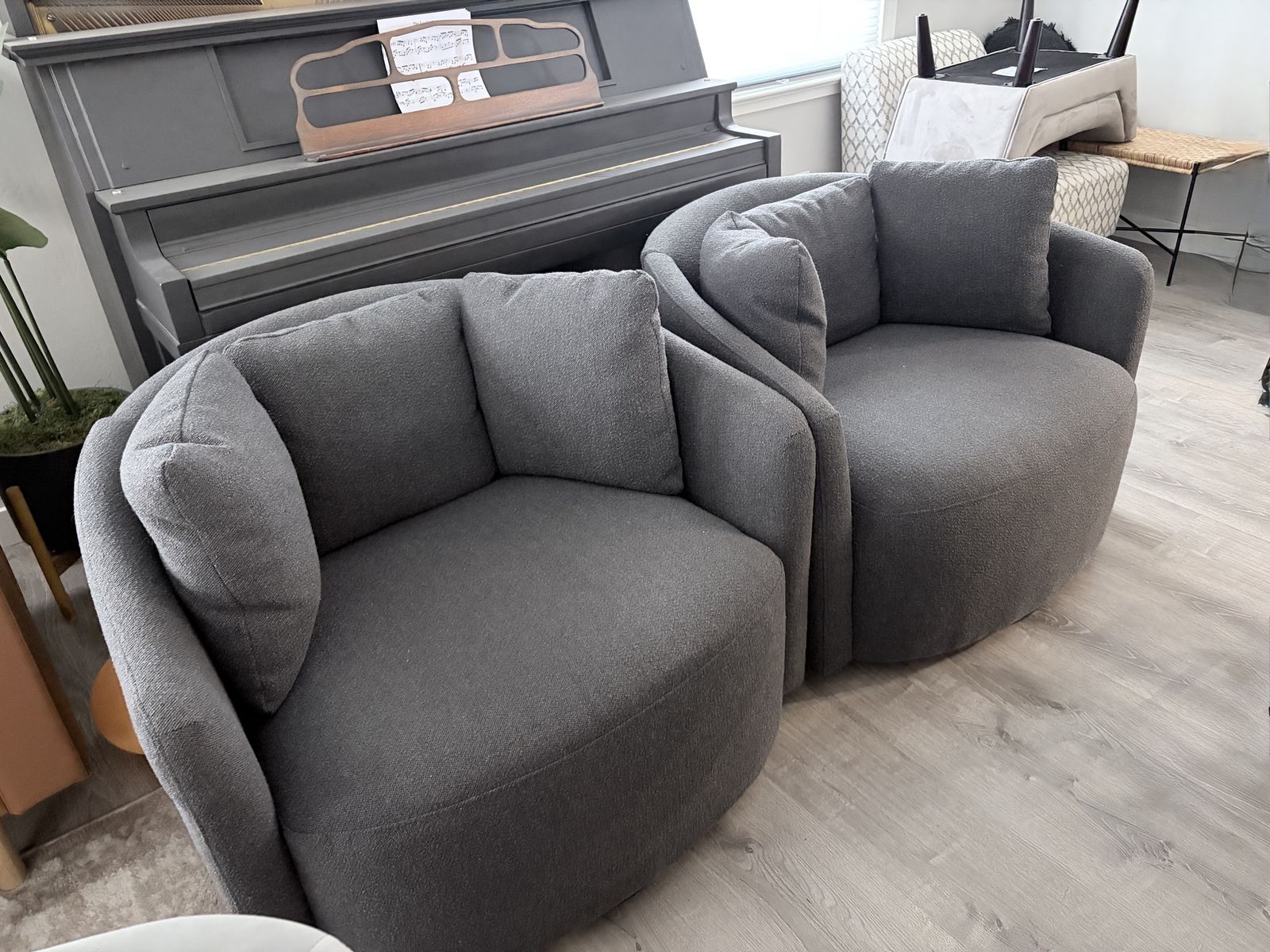 Pair of Gray Swivel Barrel Chairs