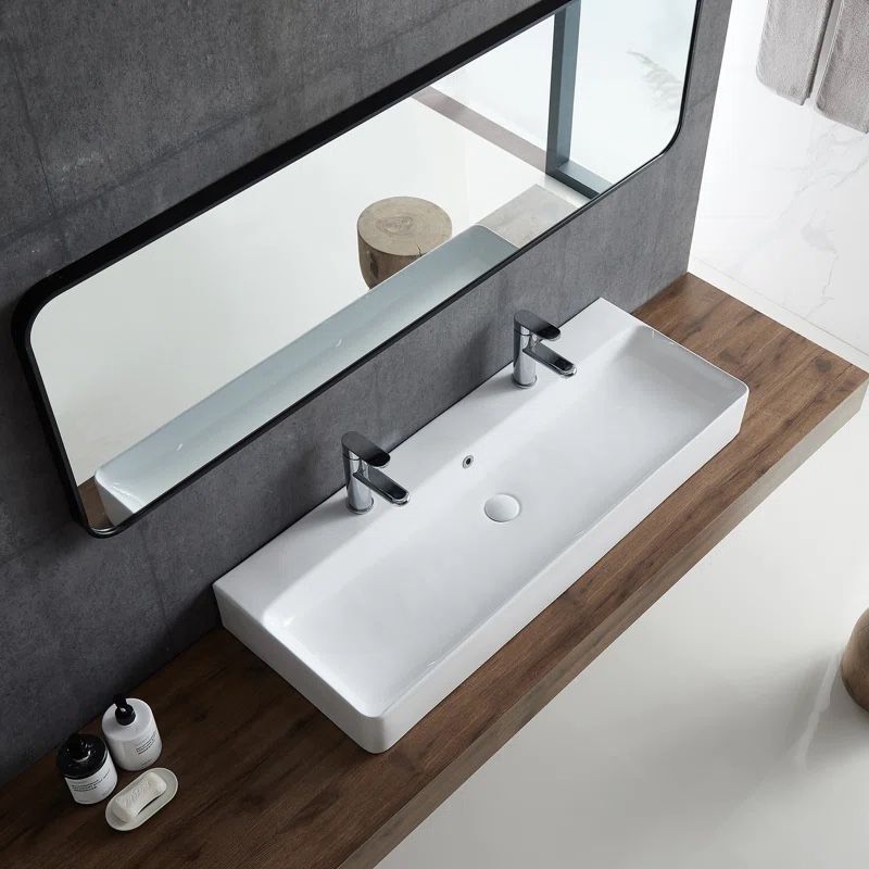 43" White Ceramic Sink with Two Faucet Holes
