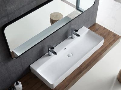 43" White Ceramic Sink with Two Faucet Holes