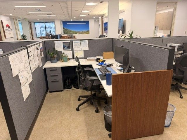 Office Cubicle – Two Desks & File Cabinet
