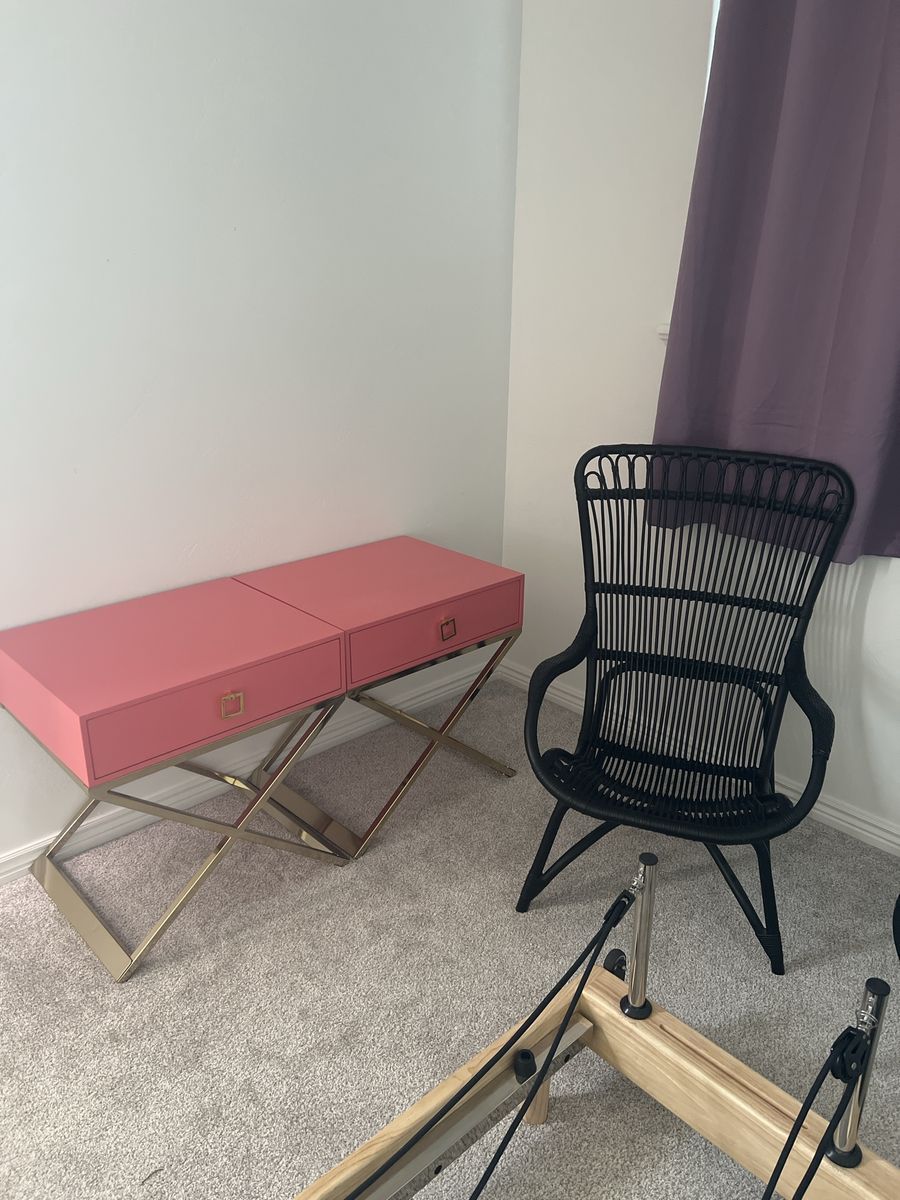Set of 2 Safevieh  Pink and Gold X-Base Nightstands and Kathy Kuo Rattan Chair