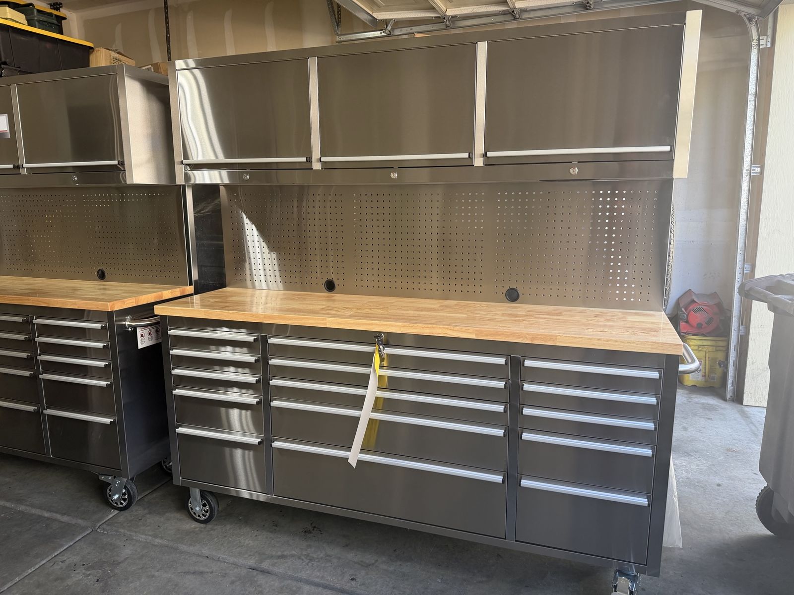 72-inch Stainless Tool Chest Cabinet Rolling Garage Workbench with 15 Storage Drawers and Wheels, 3 Upper Cabinet, Pegboar