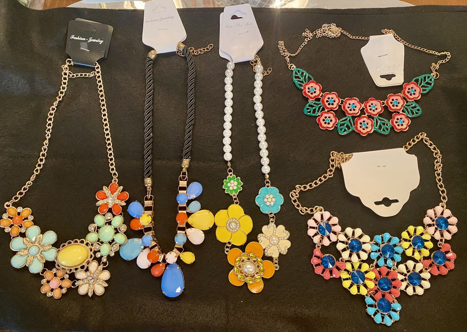 NEW- Colorful Flower & Gems Statement Necklaces - Floral & Beaded Designs, New with Tags $8-$10 - C PIX