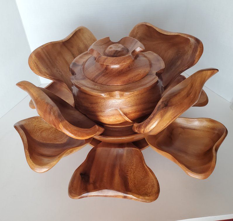 MCM Vintage 1960's Monkey Pod Wood Lotus Flower Serving Set