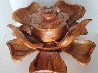 MCM Vintage 1960's Monkey Pod Wood Lotus Flower Serving Set