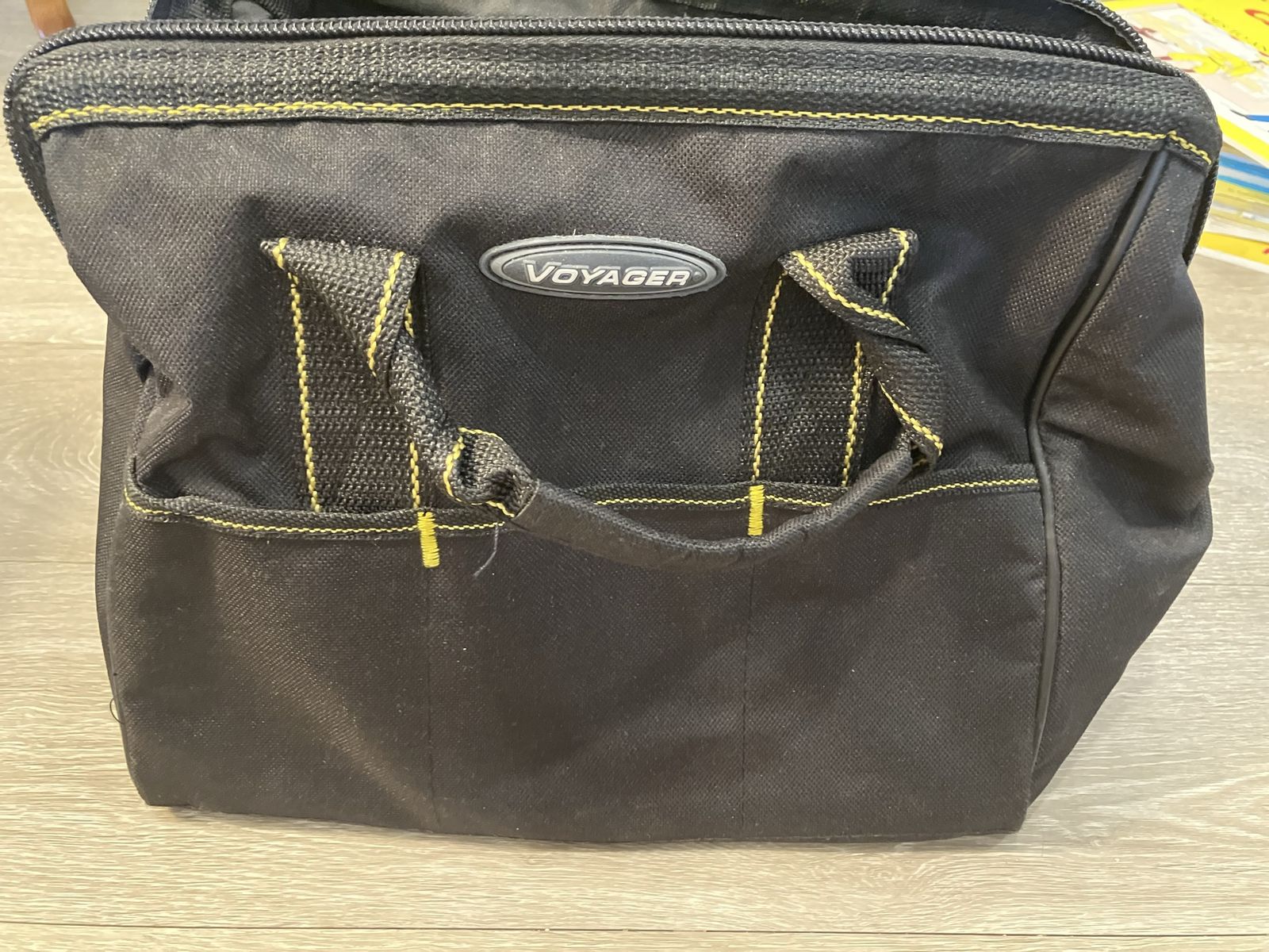 Voyager Black Canvas Tool Bag with Yellow Stitching and Pockets - Durable Storage