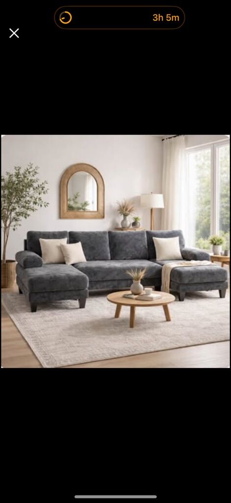 NEW 112” U-Sectional Dark Gray Velour Chenille