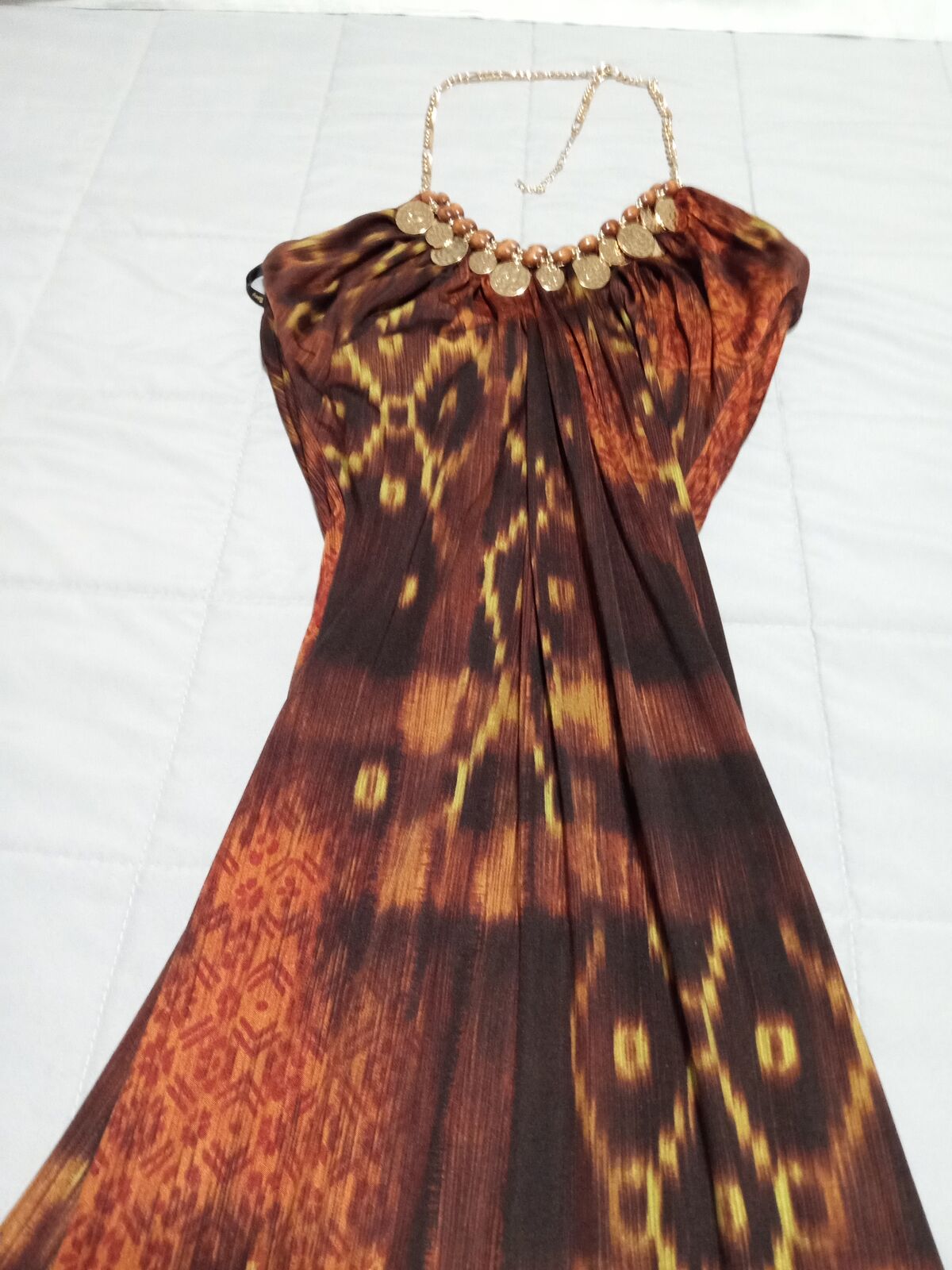 Homecoming Sun dress Wedding dress or cocktail dress jeweled halter long dress by Sky tribal pattern