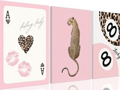 3 Piece 12" x 16" Pink Leopard Cheetah Canvas Wrapped Wall Art