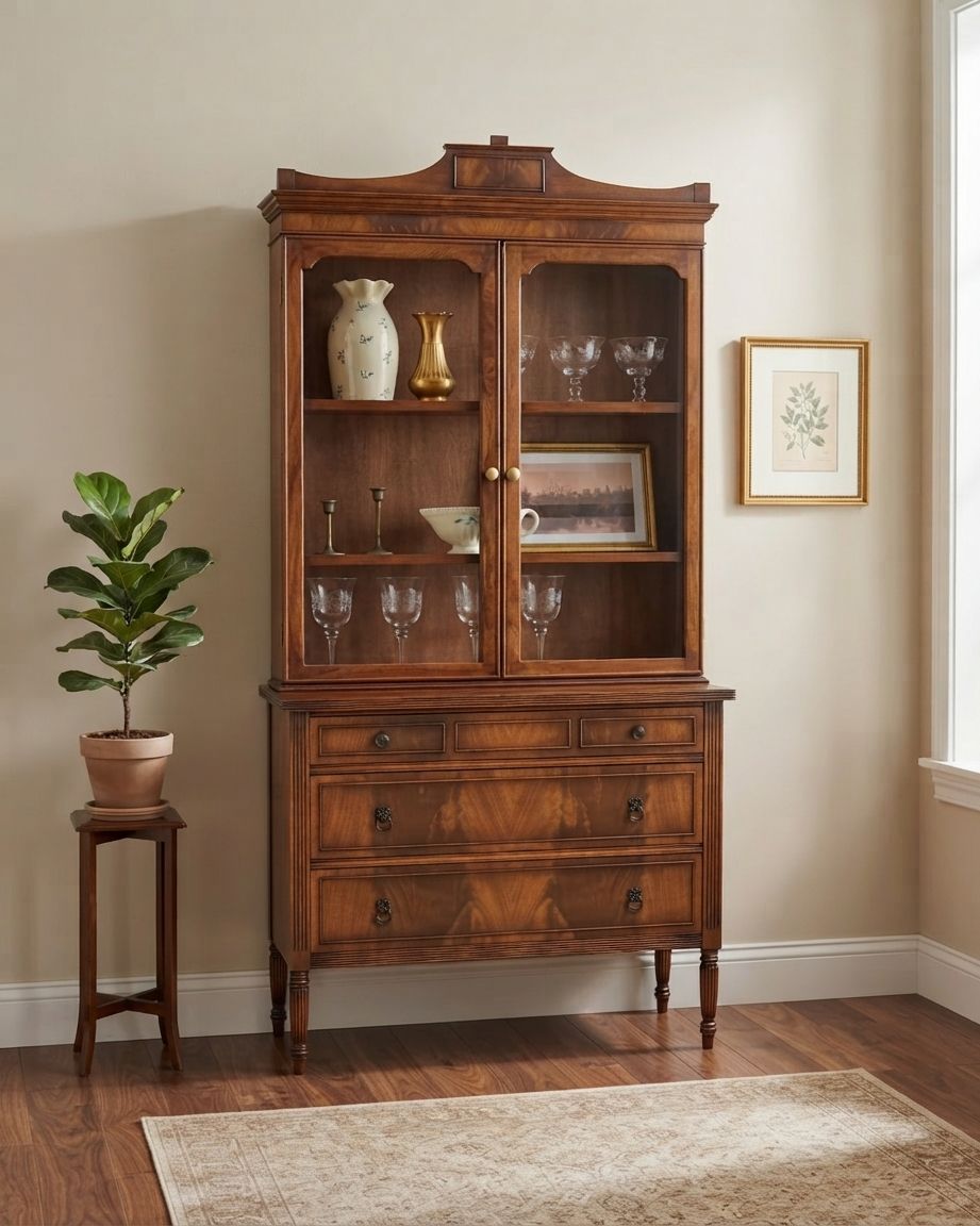 Vintage Mahogany China Cabinet — Glass Display Doors, Lion-Ring Pulls