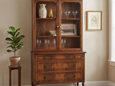 Vintage Mahogany China Cabinet — Glass Display Doors, Lion-Ring Pulls