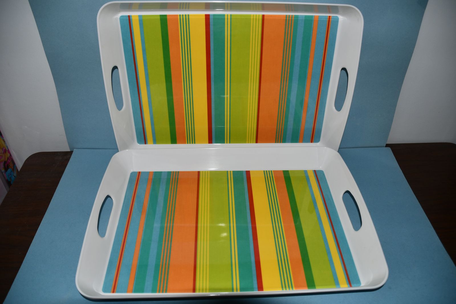 2 LARGE "SUMMERTIME" SERVING TRAYS with HANDLES ~ BRIGHT & COLORFUL STRIPES ~ 12" x 18" x 2" ~ VERY NICE!